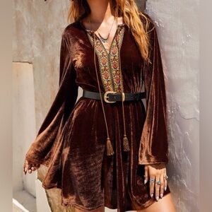 Embroidery Tassel Tie Velvet Dress